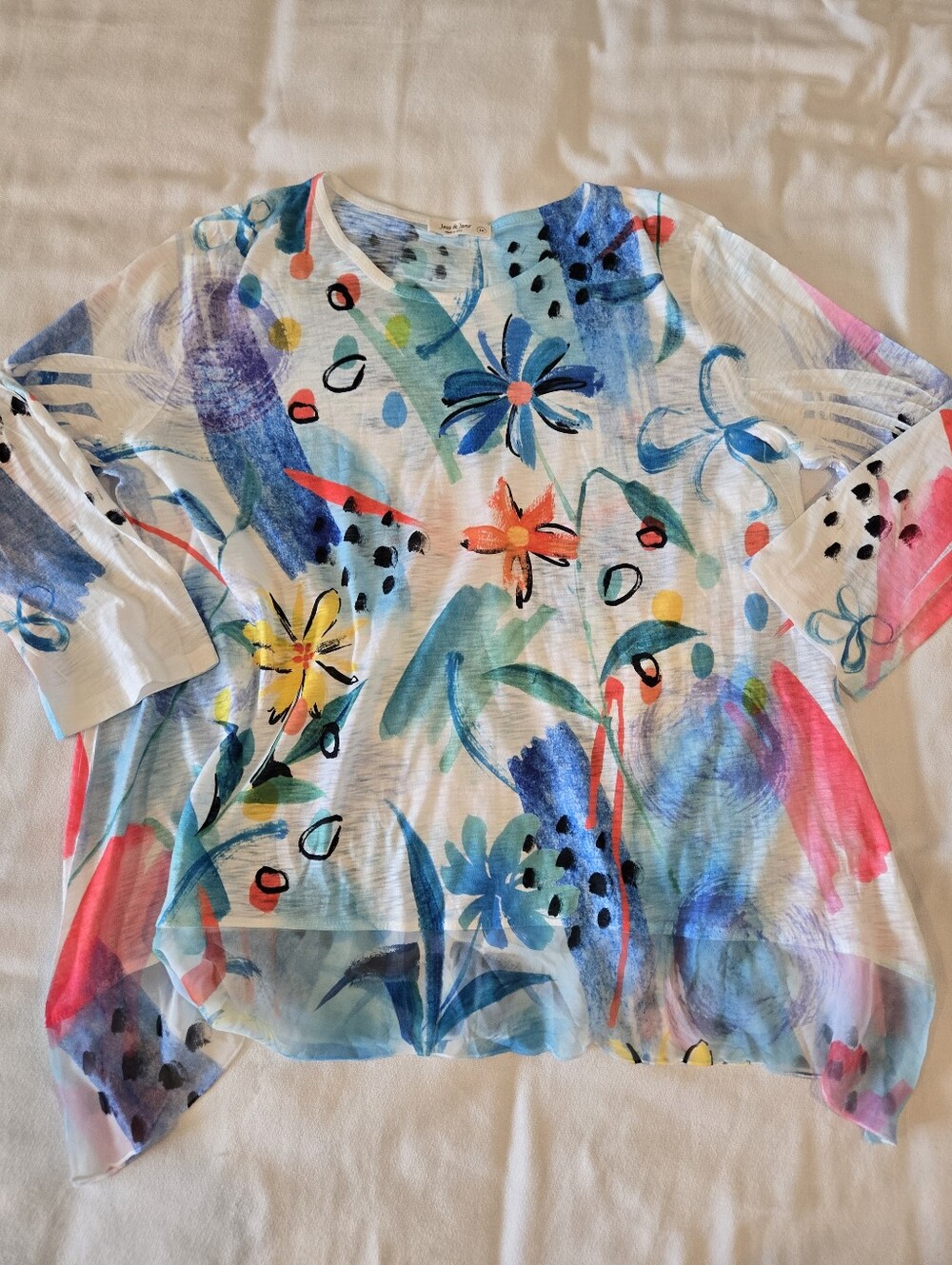 Jess & Jane 1X Artsy Printed Lagenlook Longline Chiffon Tunic Top Adymmetrical
